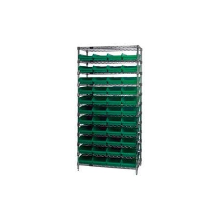 Global Industrial Chrome Wire Shelving with 44 4inH Plastic Shelf Bins Green, 36x18x74 268974GN